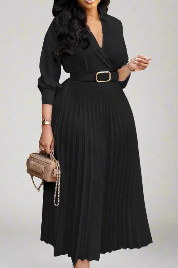 Vestido Elegante de Manga Larga con Falda Plisada y Cinturón - FreeLife Miami