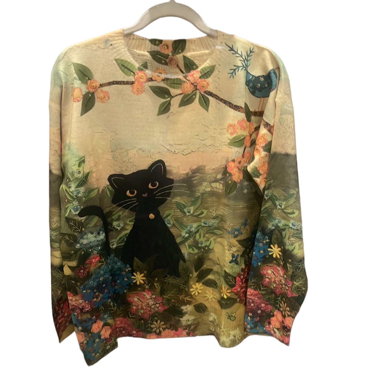 Suéter estampado con diseño de gato y flores