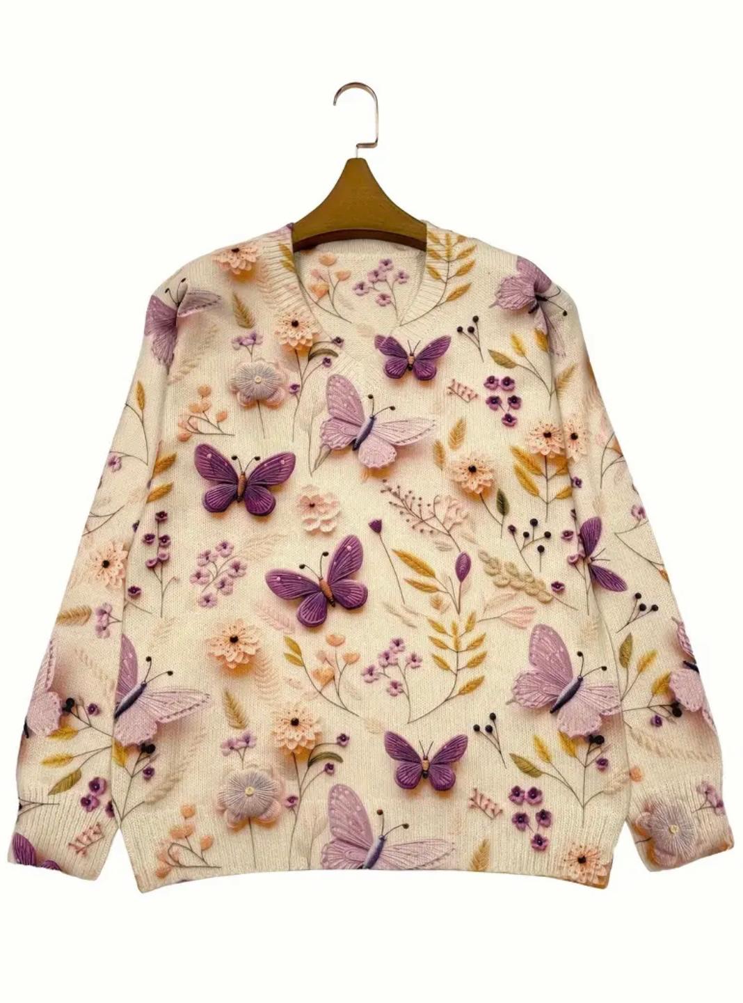 Suéter Beige Estampado de Mariposas y Flores