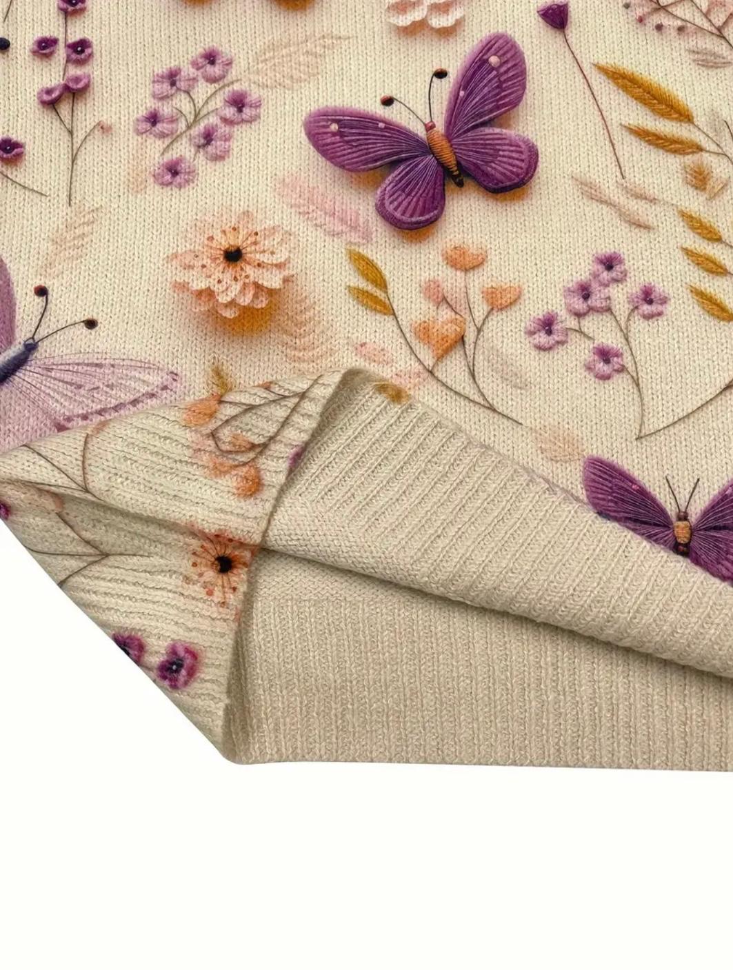 Suéter Beige Estampado de Mariposas y Flores