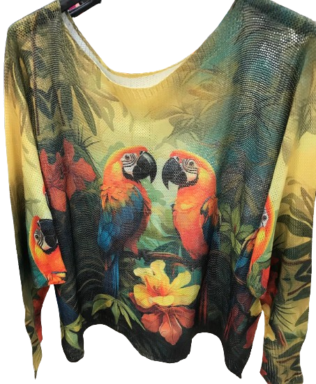 Z325 Olive 2 Parrots Round Knit Printed Sweater LOOWIE