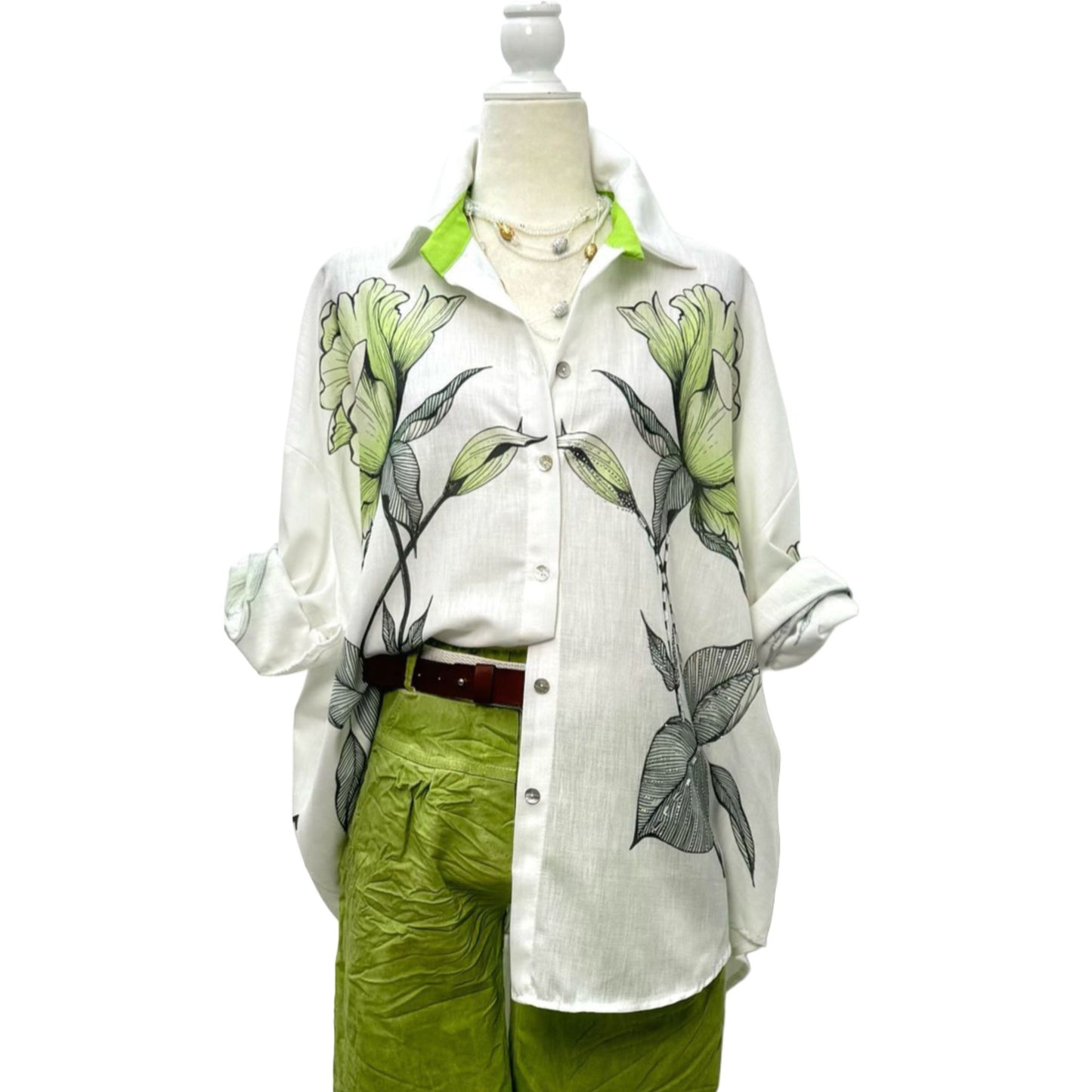 Blusa Italiana Oversize con Estampado Floral Verde
