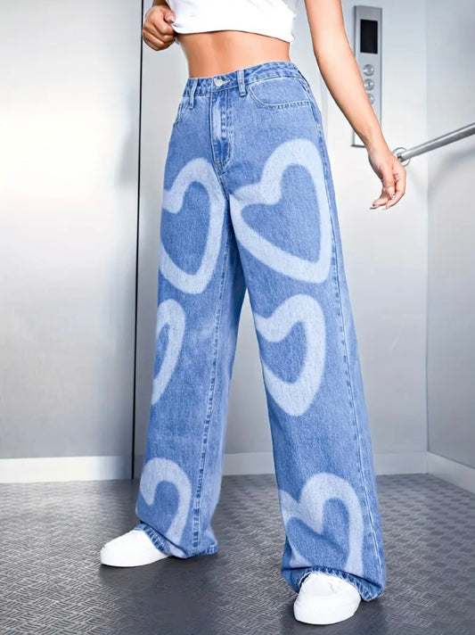 Jeans Wide Leg con Diseño de Corazones – Estilo Urbano y Romántico - FreeLife Miami