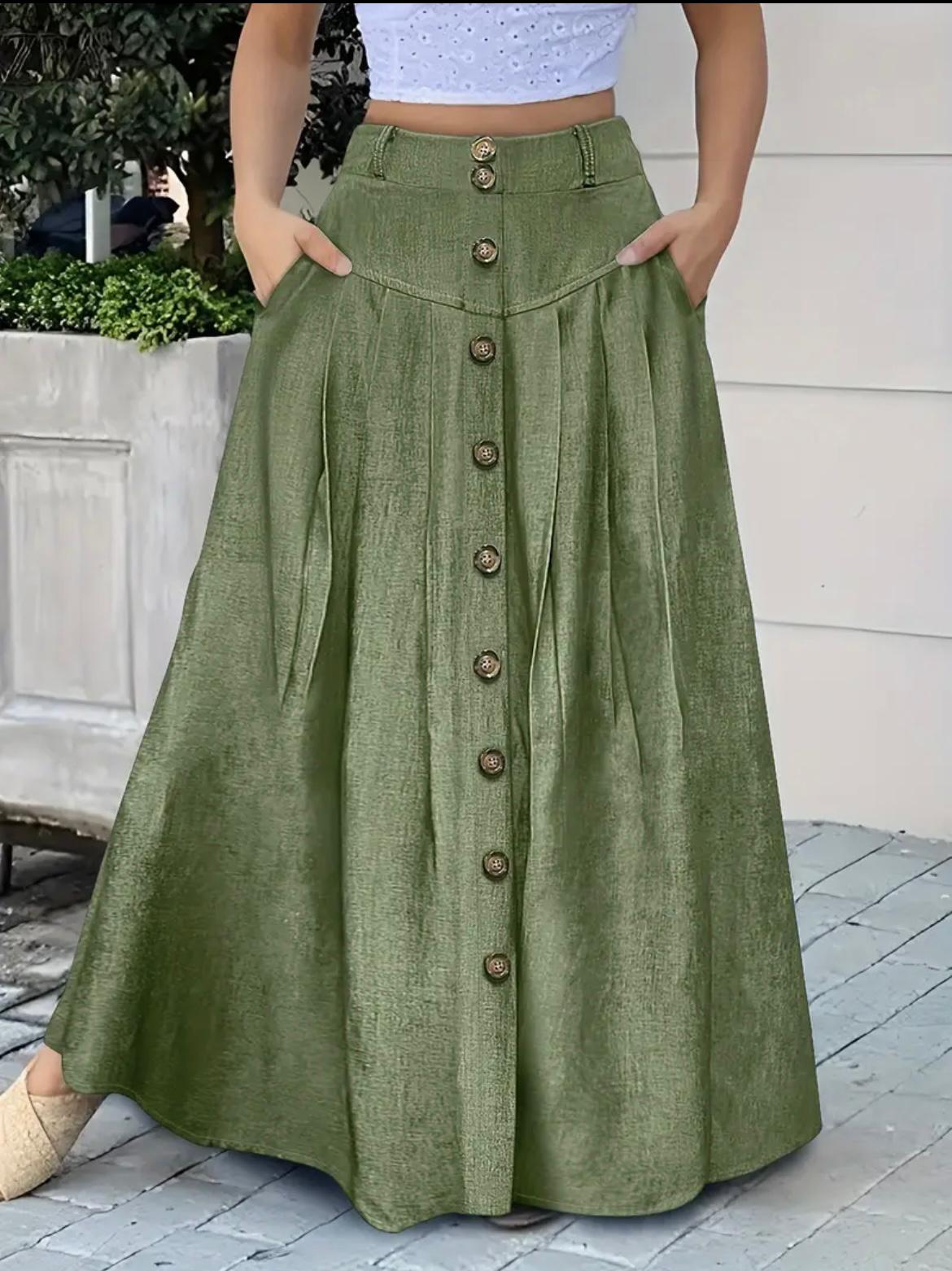 Falda Maxi Verde con Botones Frontales – Estilo Boho Chic - FreeLife Miami