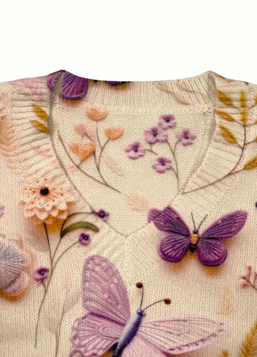 Suéter Beige Estampado de Mariposas y Flores