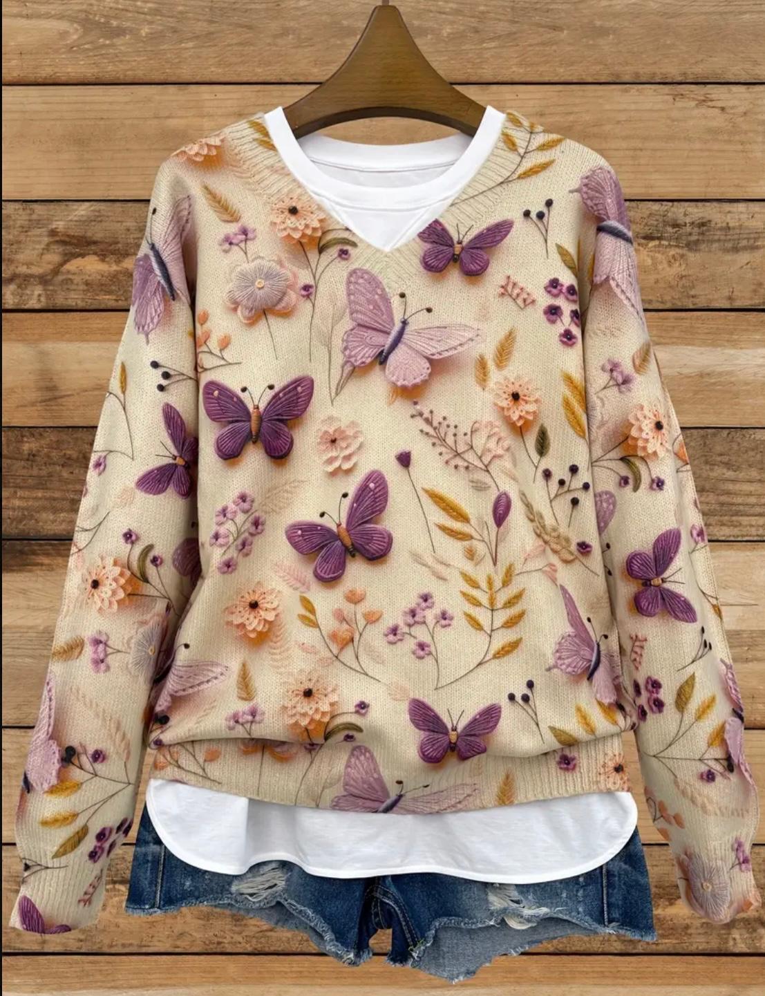 Suéter Beige Estampado de Mariposas y Flores